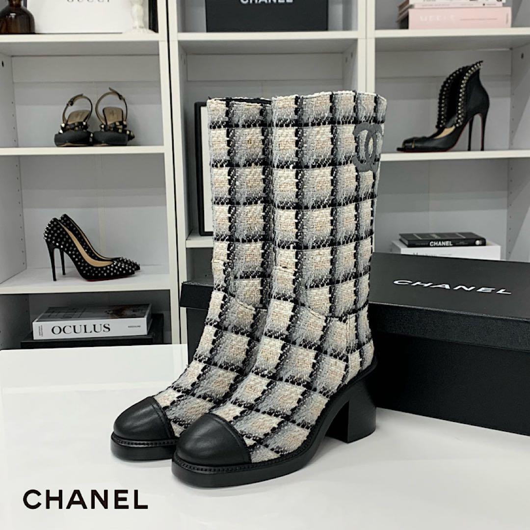 Chanel Tweed Leather CC Logo Long Boots White Black