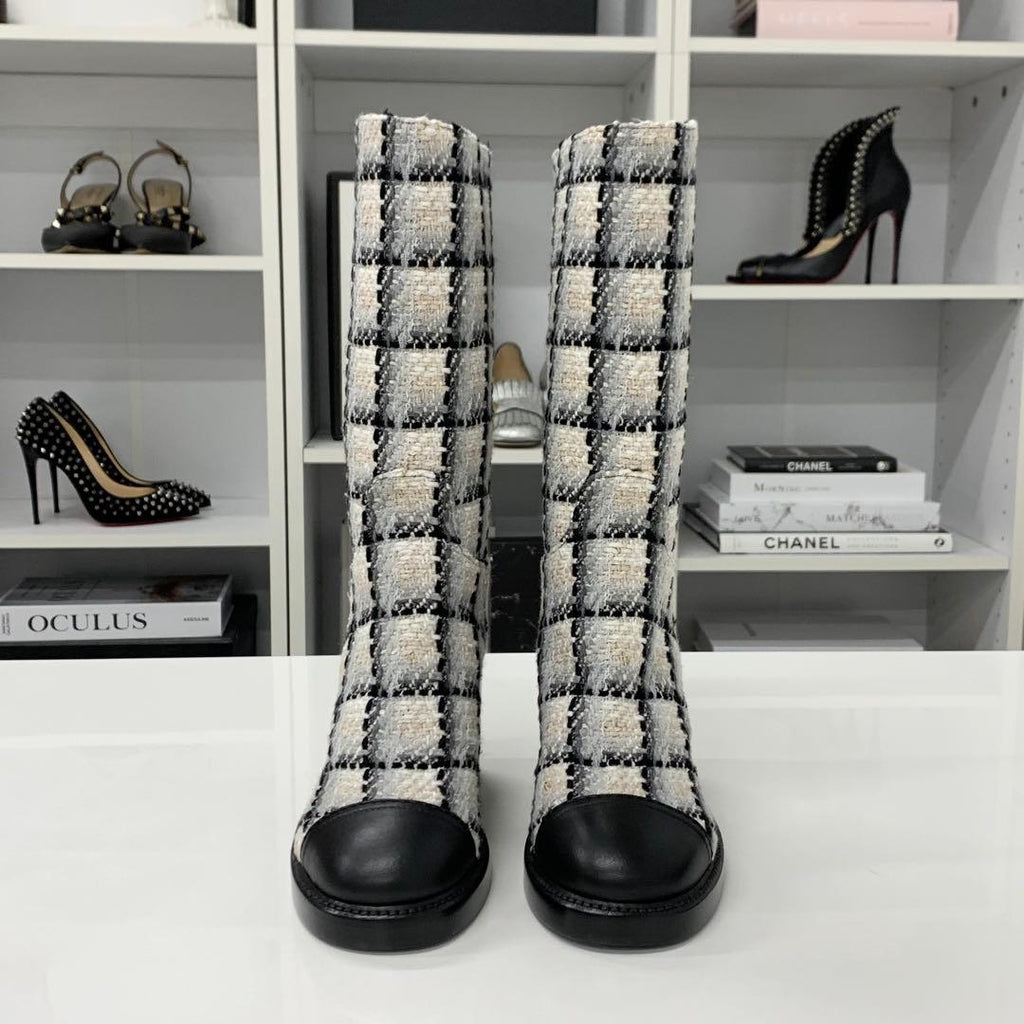 Chanel Tweed Leather CC Logo Long Boots White Black — view 2