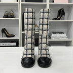 Chanel Tweed Leather CC Logo Long Boots White Black — view 2