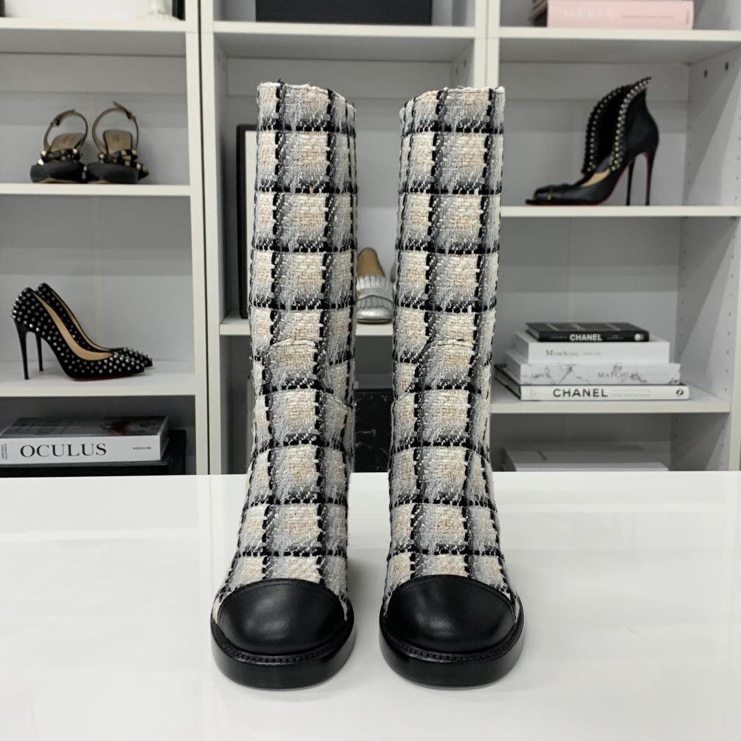 Chanel Tweed Leather CC Logo Long Boots White Black — view 2
