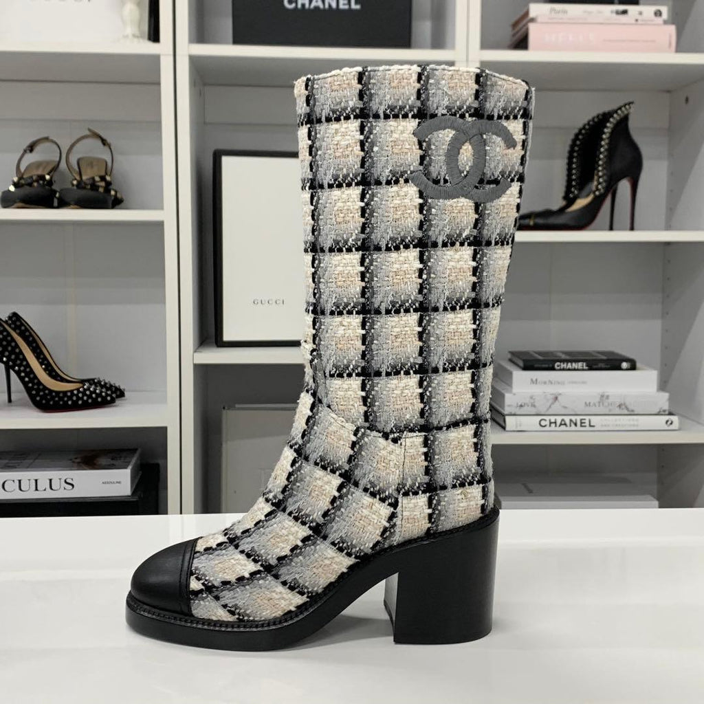 Chanel Tweed Leather CC Logo Long Boots White Black — view 3