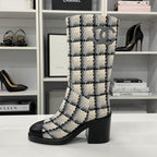 Chanel Tweed Leather CC Logo Long Boots White Black — view 3