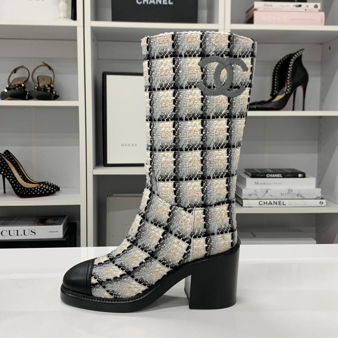 Chanel Tweed Leather CC Logo Long Boots White Black — view 3