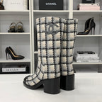 Chanel Tweed Leather CC Logo Long Boots White Black — view 4