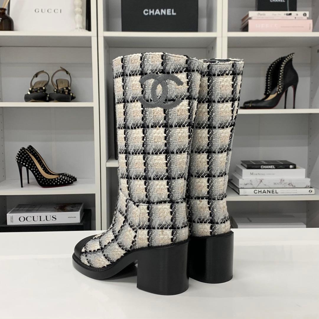Chanel Tweed Leather CC Logo Long Boots White Black — view 4