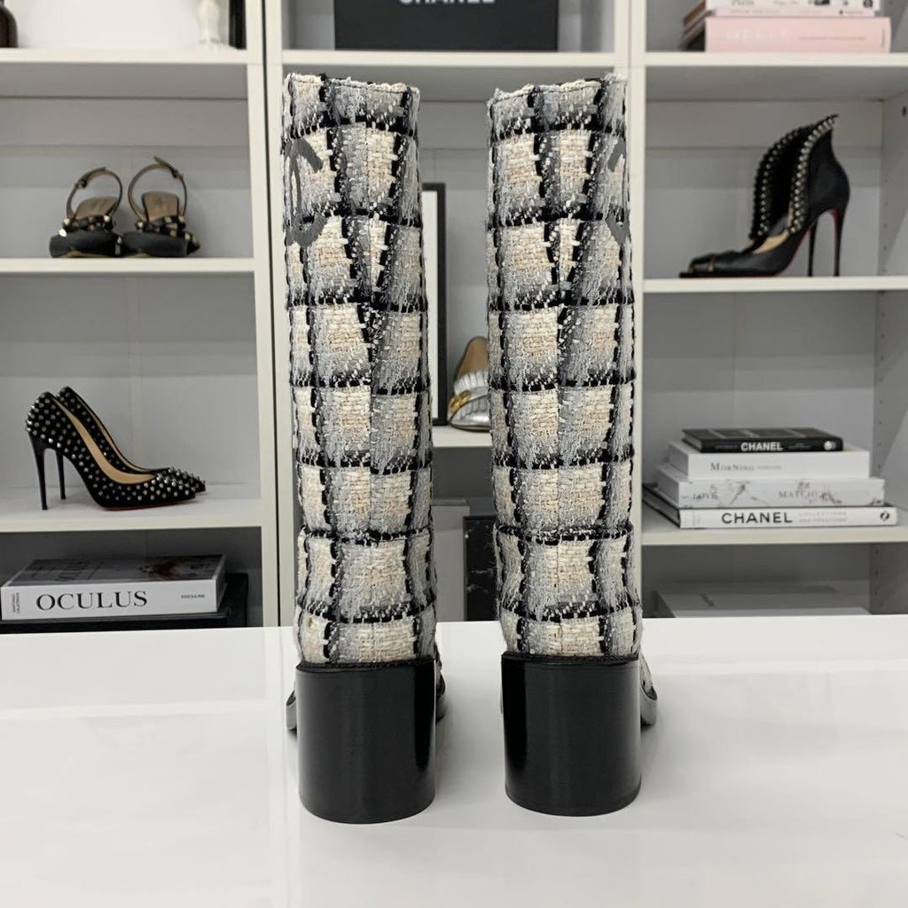 Chanel Tweed Leather CC Logo Long Boots White Black — view 5