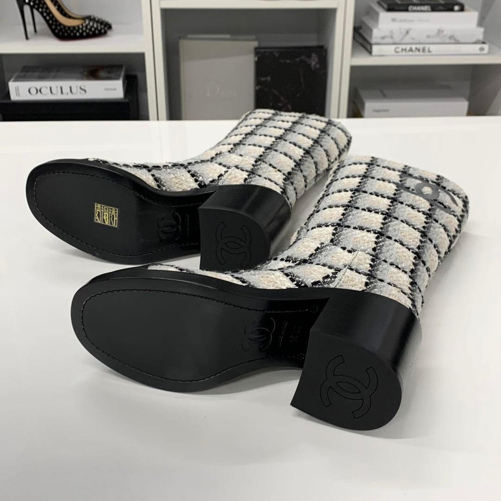 Chanel Tweed Leather CC Logo Long Boots White Black — view 6