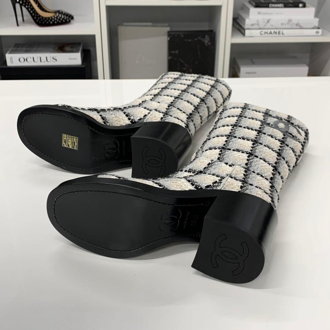 Chanel Tweed Leather CC Logo Long Boots White Black — view 6