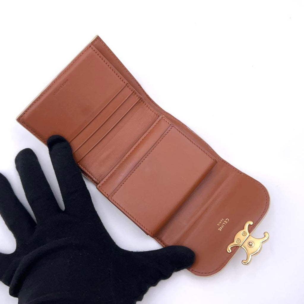 Celine Selling Triomphe Trifold Wallet Beige Gold — view 3