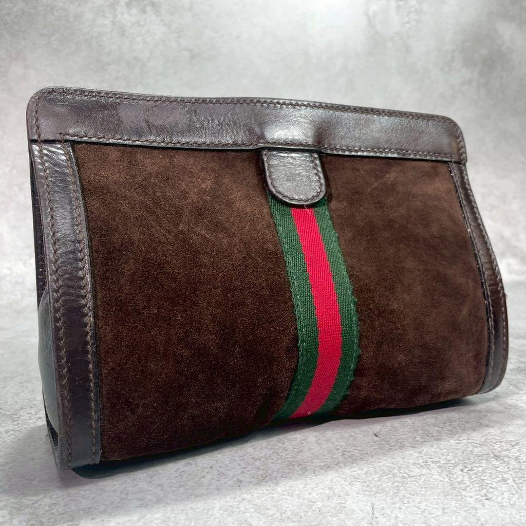 Gucci Sherry Line Clutch Suede Brown Leather