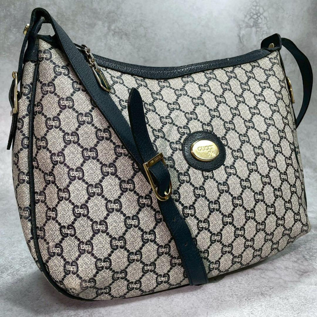 Gucci GG Shoulder Bag Navy Beige Leather Logo