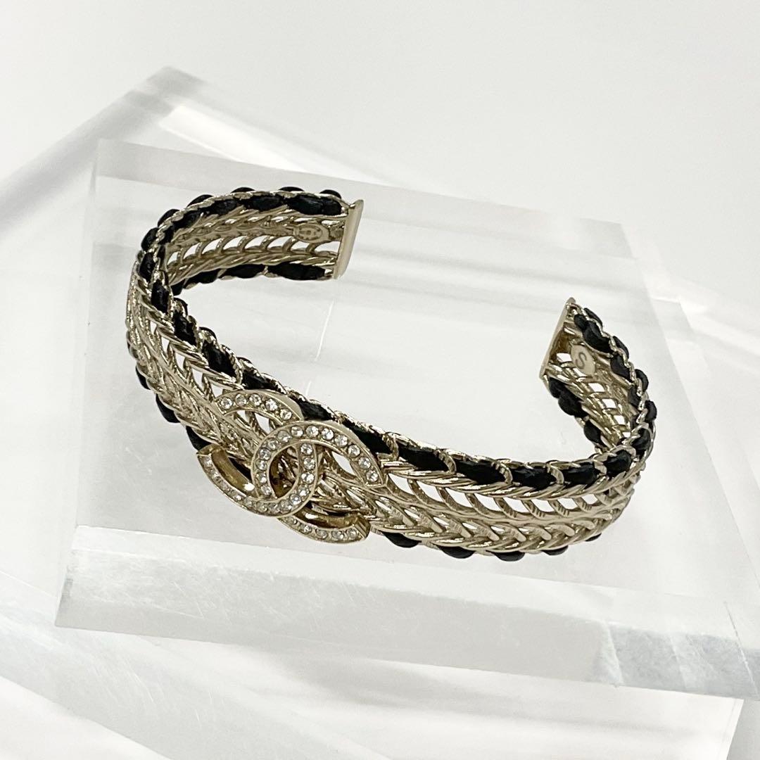 Chanel CC Logo Bangle Rhinestone Leather Bracelet Gold