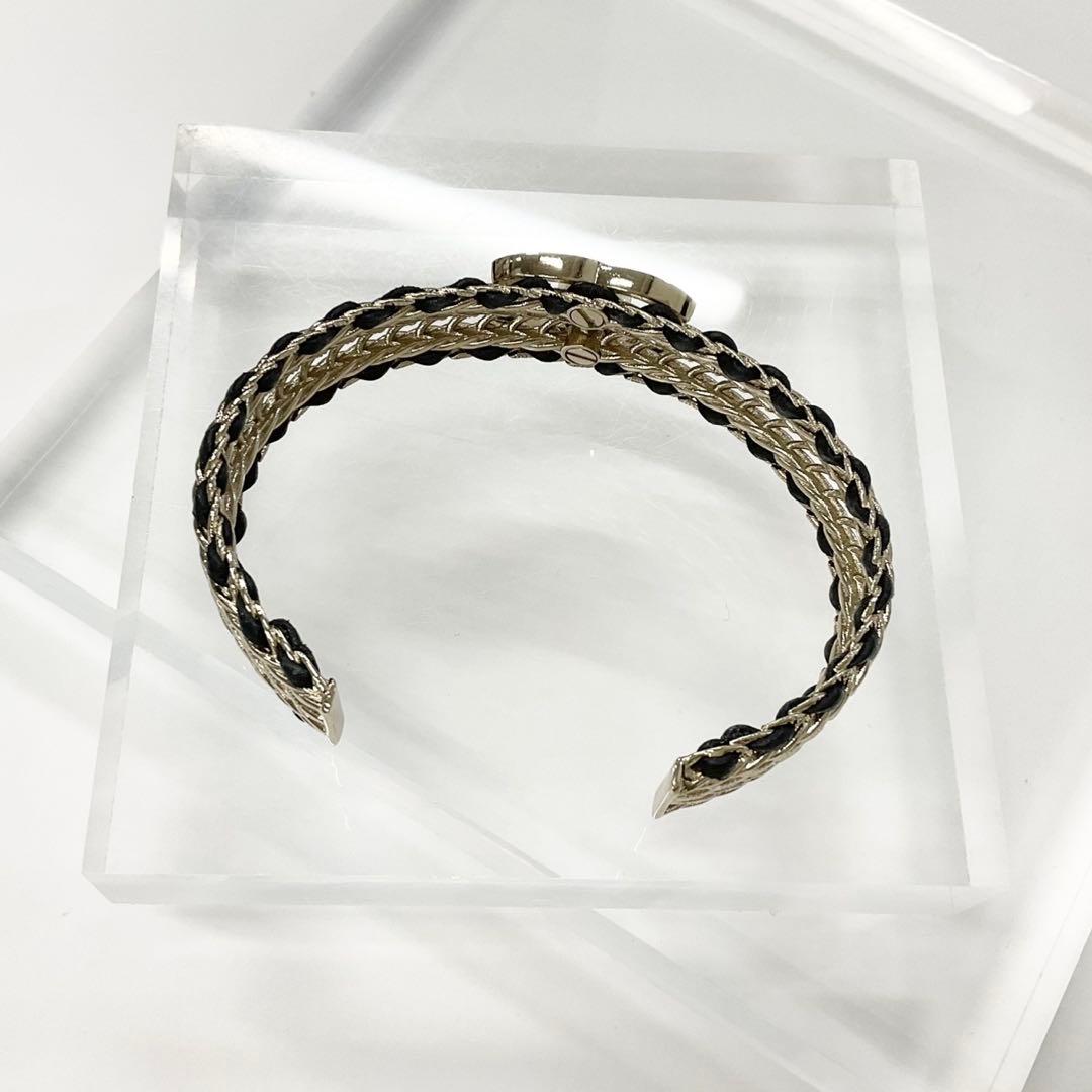 Chanel CC Logo Bangle Rhinestone Leather Bracelet Gold — view 3
