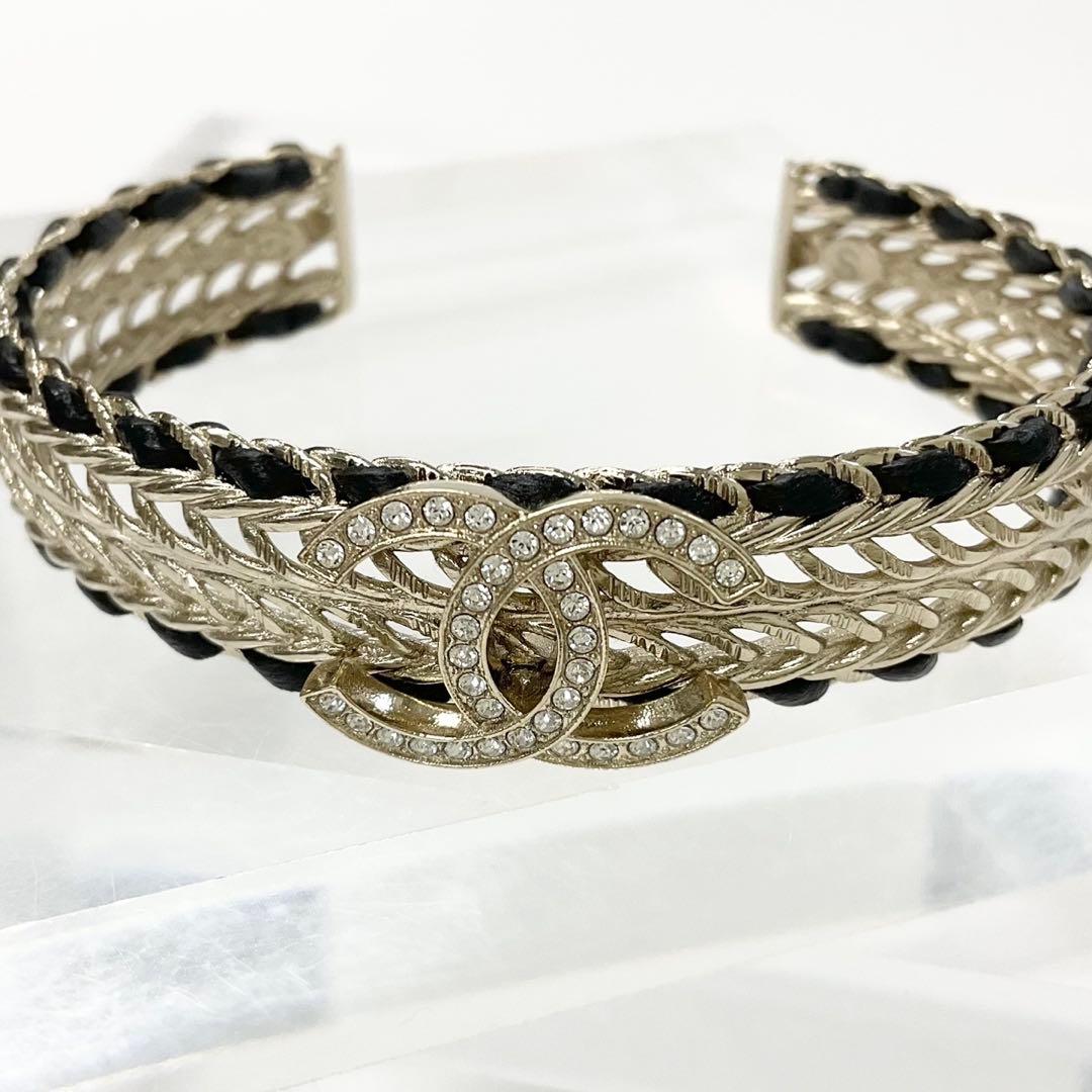Chanel CC Logo Bangle Rhinestone Leather Bracelet Gold — view 4