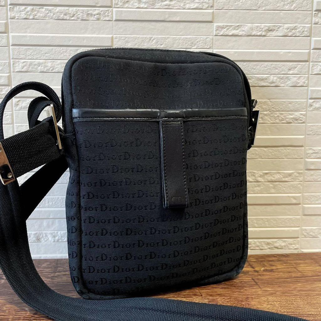Dior All Over Print Vintage Canvas Leather Shoulder Bag Black
