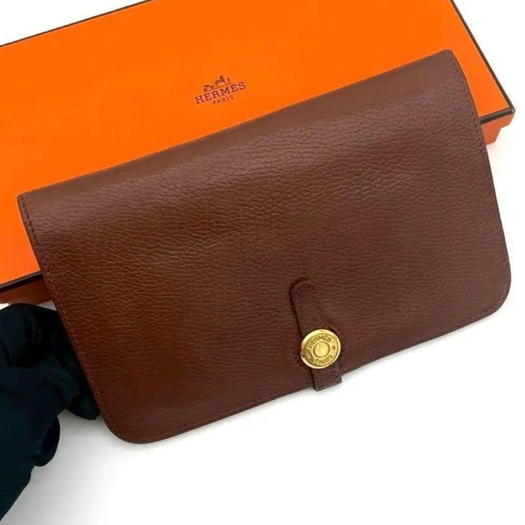 Hermes Dogon GM Togo Wallet Brown Silver Leather