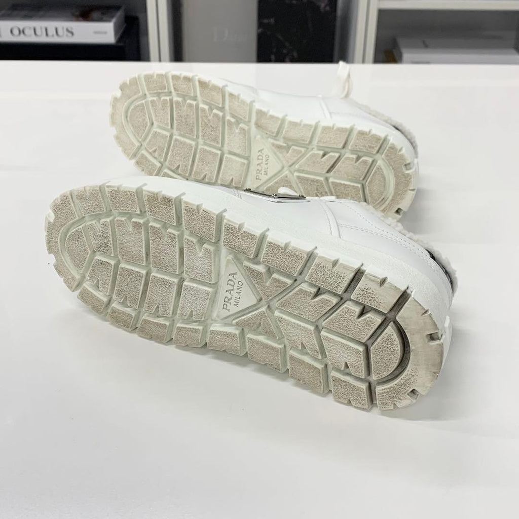 Prada Triangle Logo Leather Shearling Sneakers White — view 7