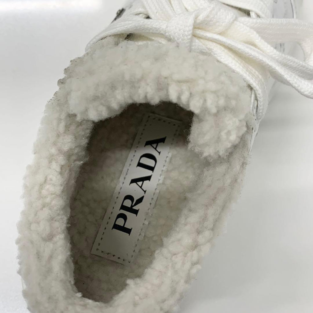 Prada Triangle Logo Leather Shearling Sneakers White — view 8