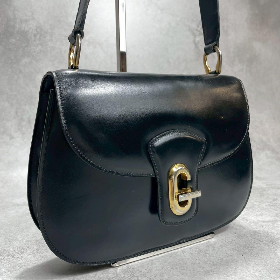 Gucci Shoulder Bag Black Leather Gold Logo