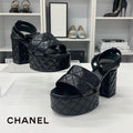Chanel CC Logo Leather Quilted Strap Sandals Black
