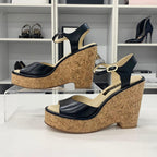 Chanel CC Logo Cork Leather Wedge Sole Sandals Black — view 2