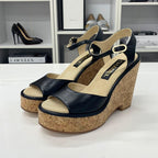 Chanel CC Logo Cork Leather Wedge Sole Sandals Black — view 3