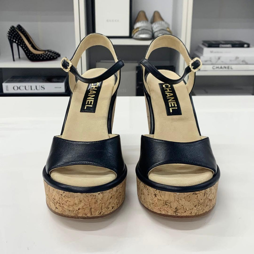 Chanel CC Logo Cork Leather Wedge Sole Sandals Black — view 4