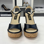 Chanel CC Logo Cork Leather Wedge Sole Sandals Black — view 4