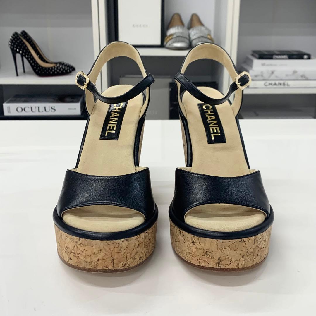 Chanel CC Logo Cork Leather Wedge Sole Sandals Black — view 4