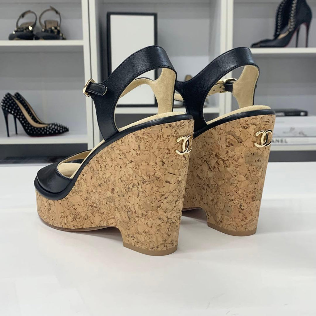 Chanel CC Logo Cork Leather Wedge Sole Sandals Black — view 5