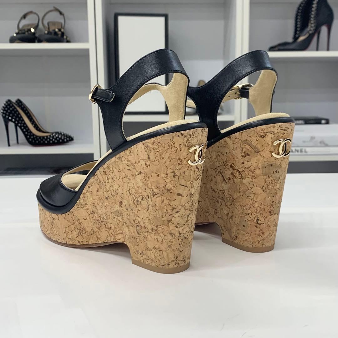 Chanel CC Logo Cork Leather Wedge Sole Sandals Black — view 5