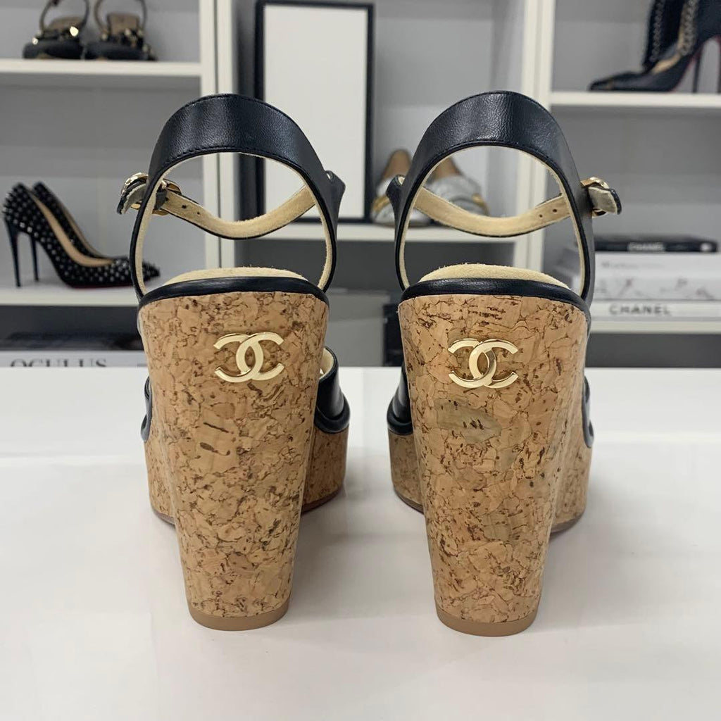 Chanel CC Logo Cork Leather Wedge Sole Sandals Black — view 6