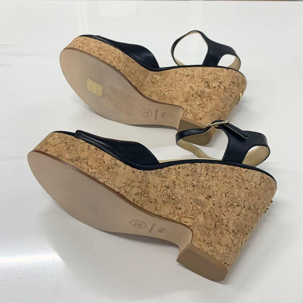 Chanel CC Logo Cork Leather Wedge Sole Sandals Black — view 7