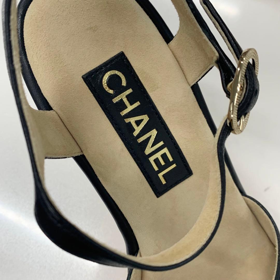 Chanel CC Logo Cork Leather Wedge Sole Sandals Black — view 8