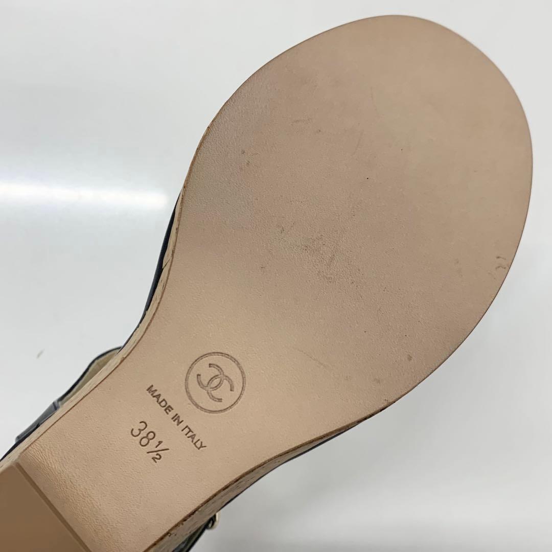 Chanel CC Logo Cork Leather Wedge Sole Sandals Black — view 9