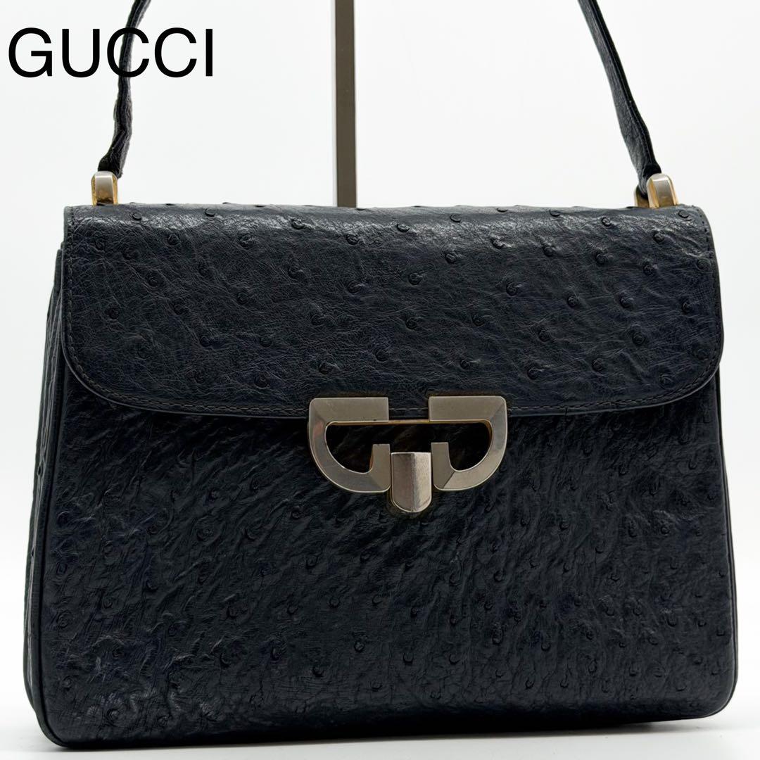 Gucci Ostrich Handbag Navy Vintage Leather
