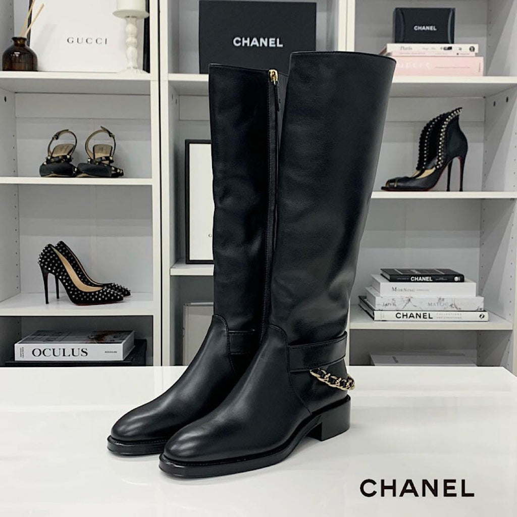 Chanel CC Logo Leather Chain Long Boots Black