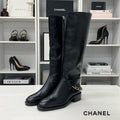 Chanel CC Logo Leather Chain Long Boots Black