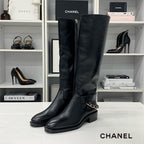 Chanel CC Logo Leather Chain Long Boots Black