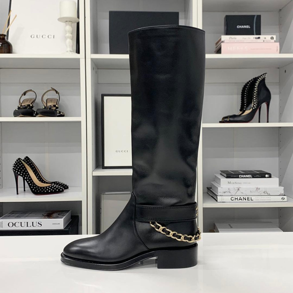 Chanel CC Logo Leather Chain Long Boots Black — view 3