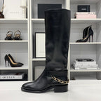 Chanel CC Logo Leather Chain Long Boots Black — view 3
