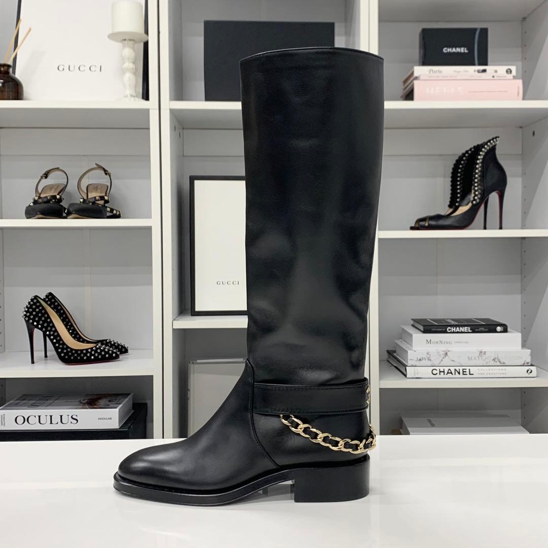 Chanel CC Logo Leather Chain Long Boots Black — view 3