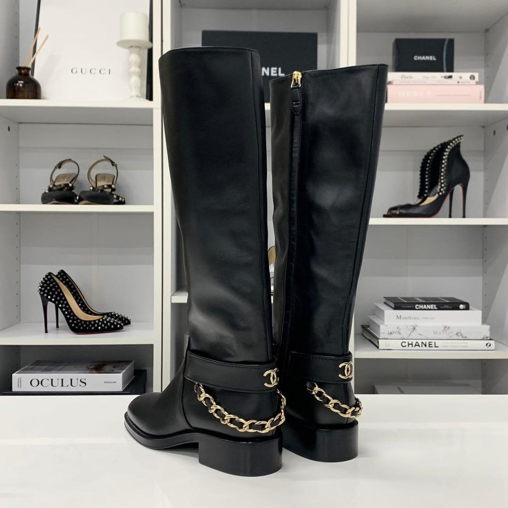 Chanel CC Logo Leather Chain Long Boots Black — view 4