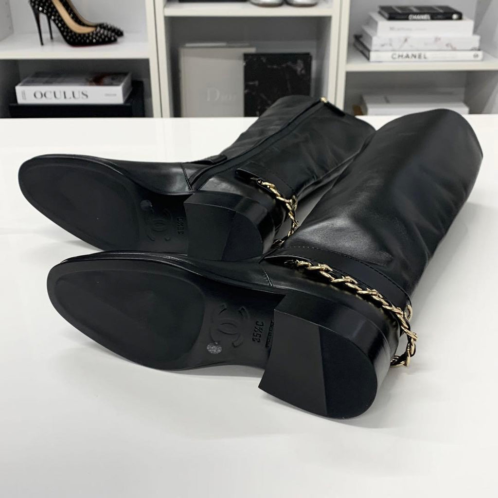 Chanel CC Logo Leather Chain Long Boots Black — view 6
