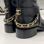Chanel CC Logo Leather Chain Long Boots Black — view 9