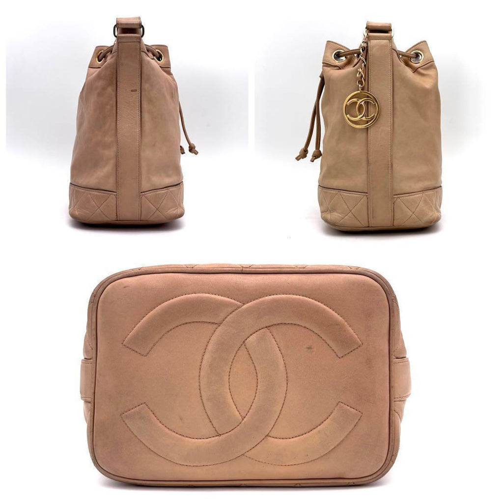 Chanel CC Logo Lambskin Drawstring Shoulder Bag Beige Flesh — view 4