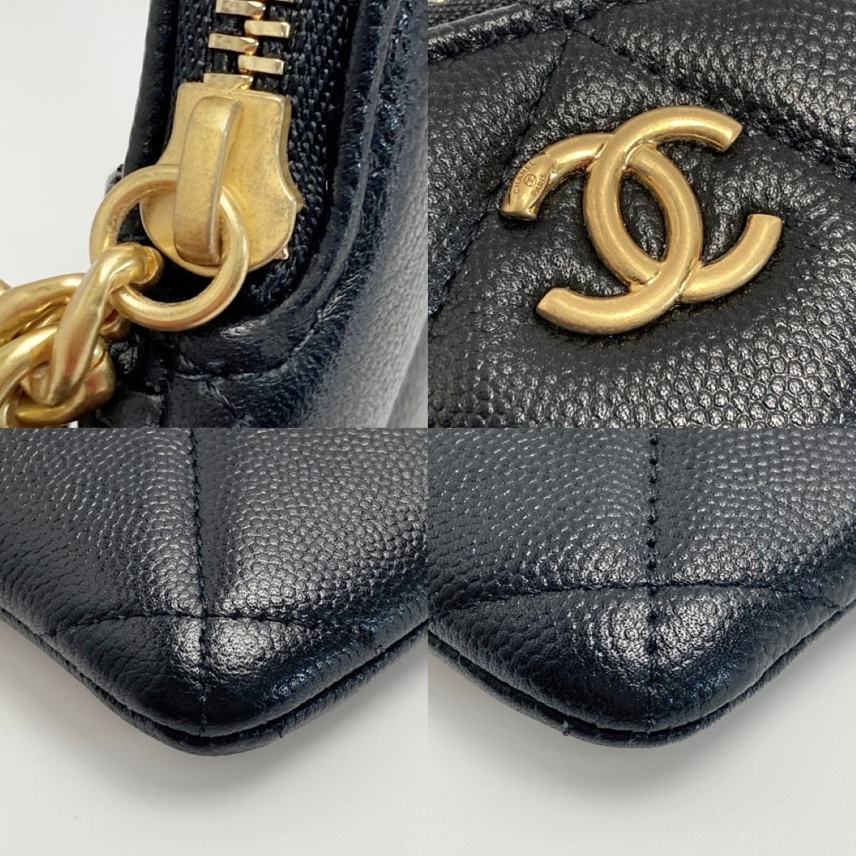 Chanel Coco Mark Quilted Pouch Black Caviar Leather Charm Clutch Bag — view 7