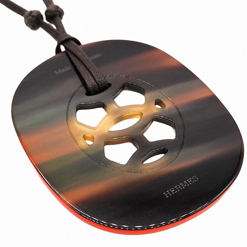 Hermes Lift GM Buffalo Horn with String Dark Brown Orange Pendant Necklace — view 3