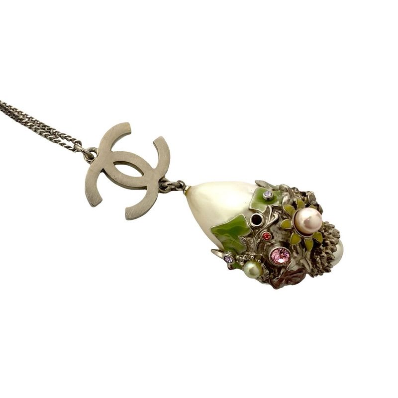 Chanel Coco Mark Metal Faux Pearl Chain Necklace Pendant Accessory 05P — view 4