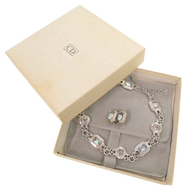 Christian Dior Vintage Metal Stone Silver Necklace Earrings 0757 — view 3